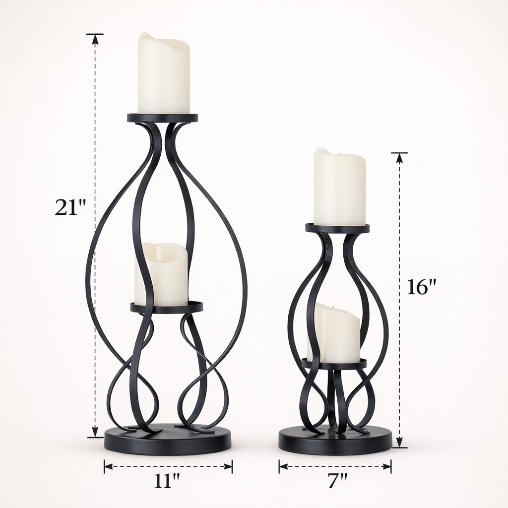 Midnight Curve Tall Black Iron Candle Holders – Modern Table Stand Set (Set of 2)