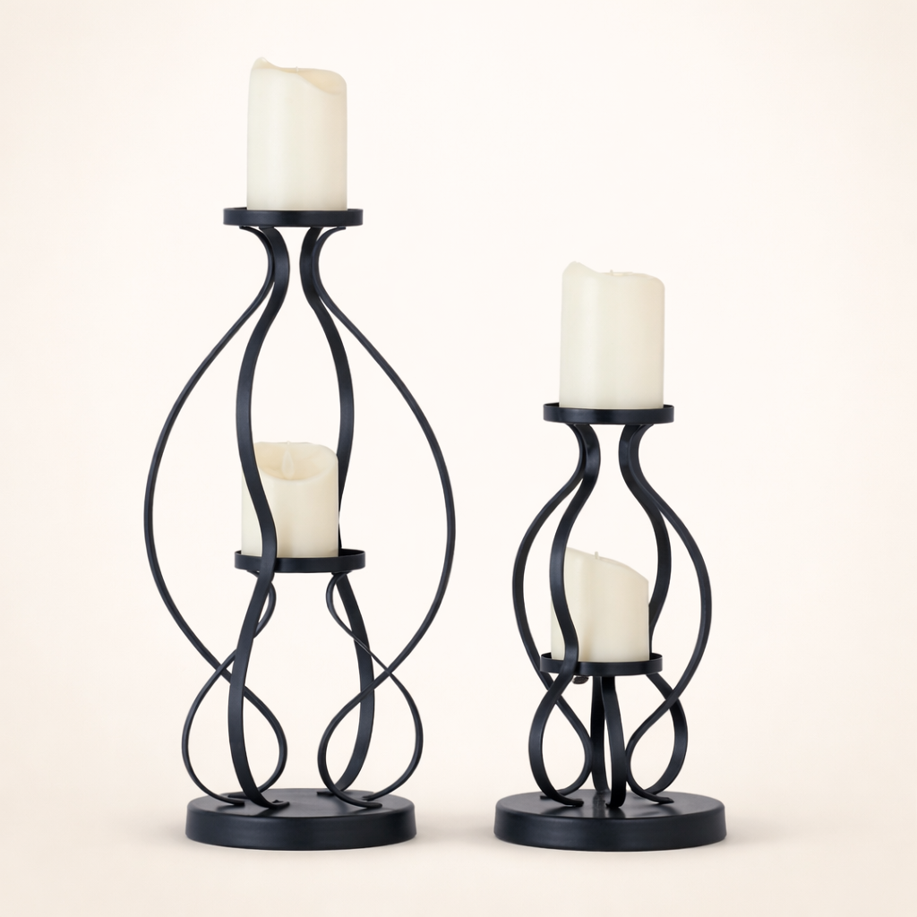 Midnight Curve Tall Black Iron Candle Holders – Modern Table Stand Set (Set of 2)
