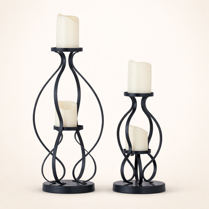 Midnight Curve Tall Black Iron Candle Holders – Modern Table Stand Set (Set of 2)