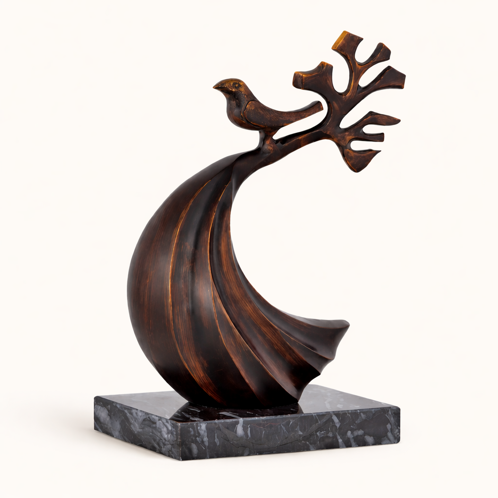 Avira Abstract Bird Sculpture with Marble Base – Modern Aluminum Tabletop Art Décor