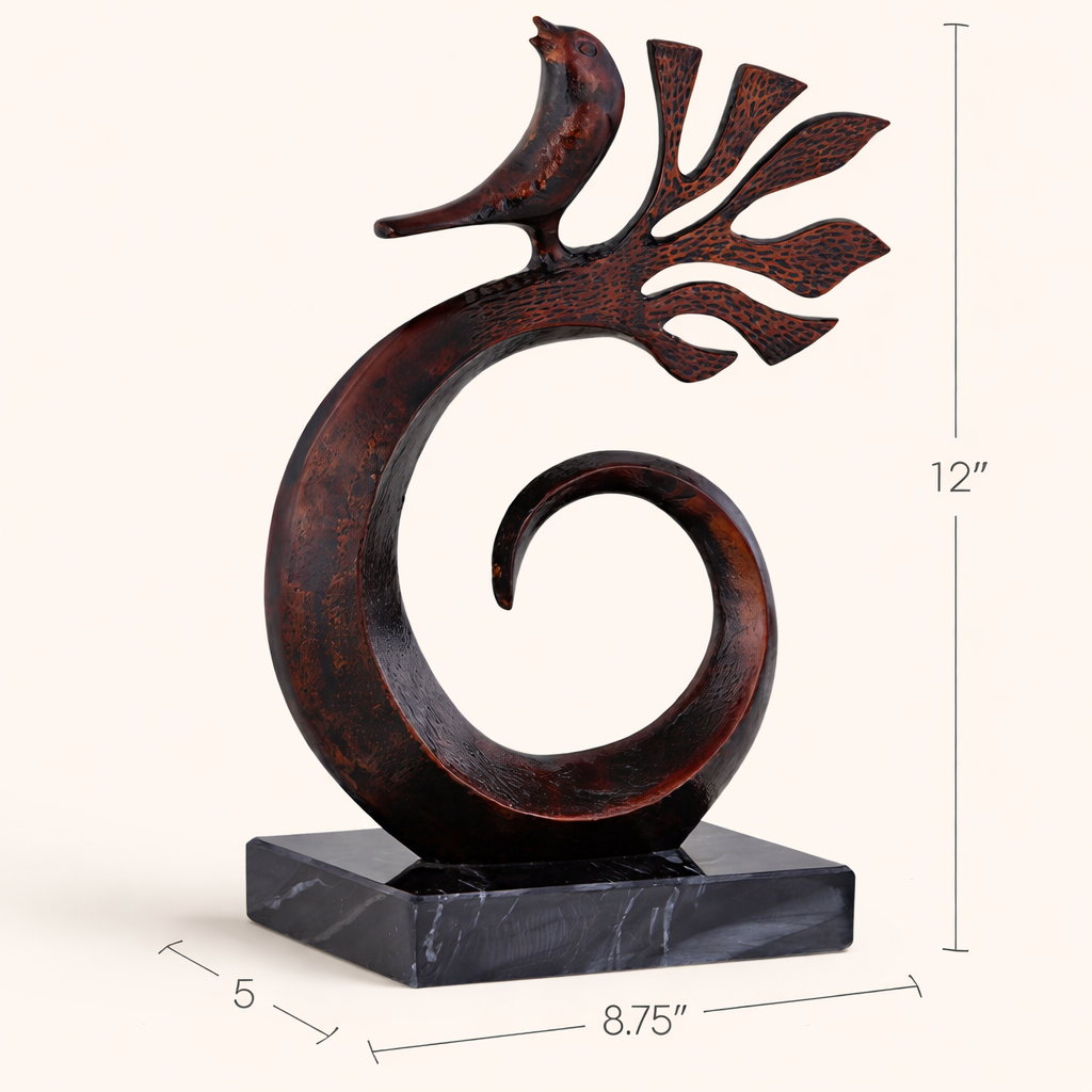 Bronze Whirl Crest Modern Bird Sculpture with Marble Base – Abstract Aluminum Tabletop Art