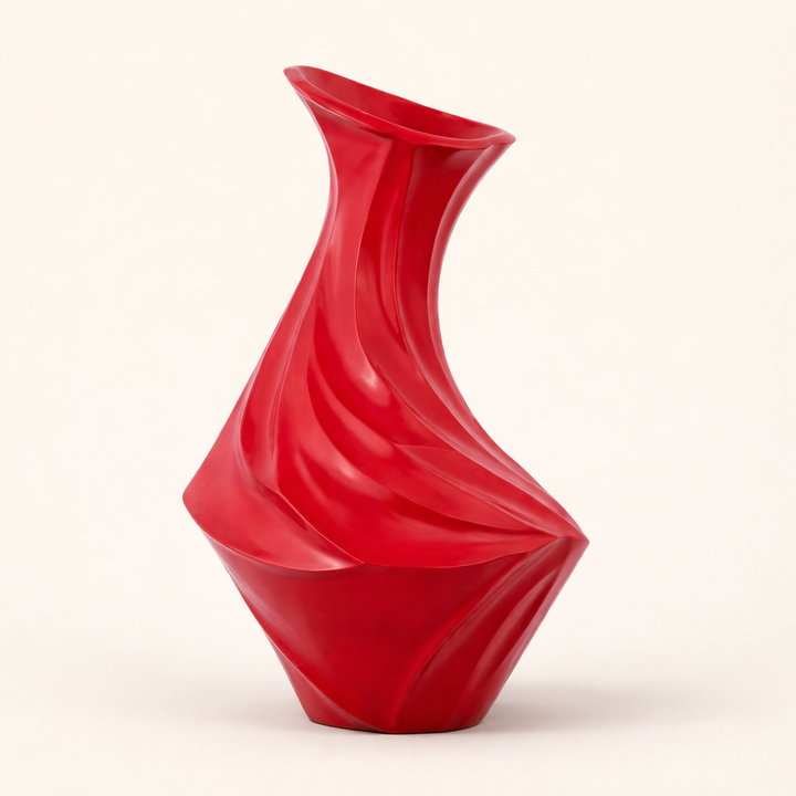 SculptWave Ruby Red Aluminum Decorative Vase – Modern Sculptural Accent