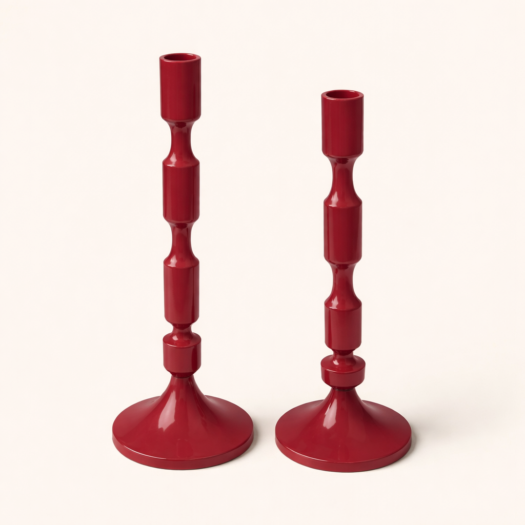 Ruby Pillar Duo Aluminum Candle Holder Set – Rosewood Pink Modern Candlesticks (Set of 2)