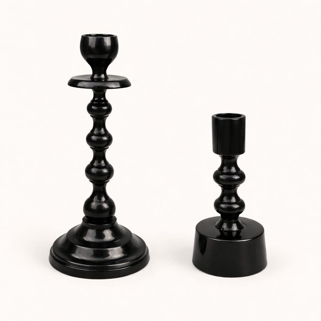 Onyx Pillar Duo Aluminum Candle Holder Set – Black Modern Taper Candlesticks (Set of 2)
