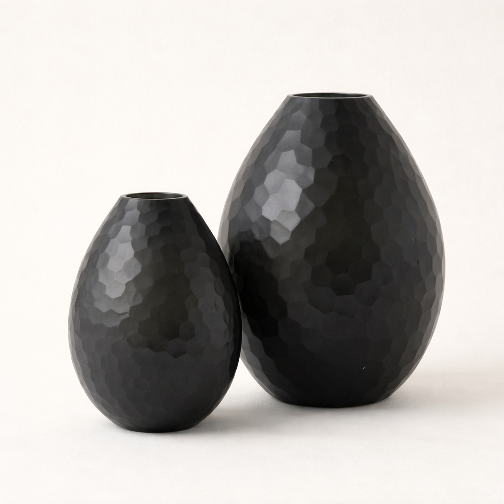 Charcoal Battuto Textured Glass Decorative – Modern Black Hammered Vases (Set of 2)
