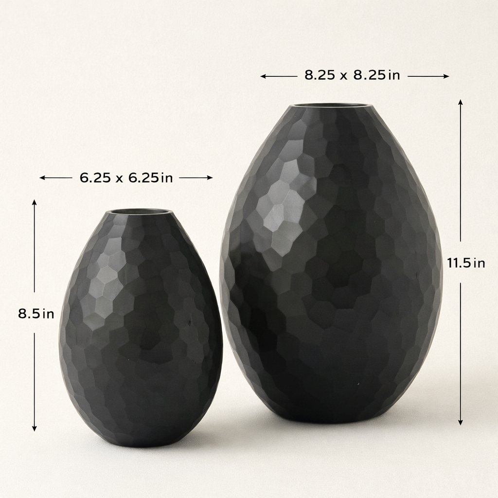 Charcoal Battuto Textured Glass Decorative – Modern Black Hammered Vases (Set of 2)