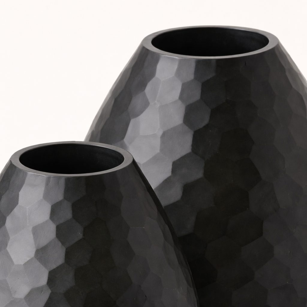 Charcoal Battuto Textured Glass Decorative – Modern Black Hammered Vases (Set of 2)