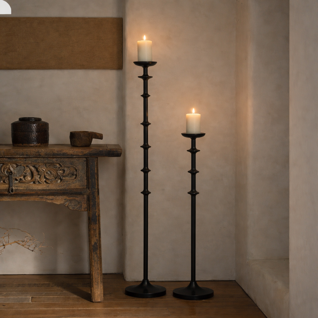 Midnight Black Aluminum Candle Holders – Modern Pillar Floor Stands (Set of 2)