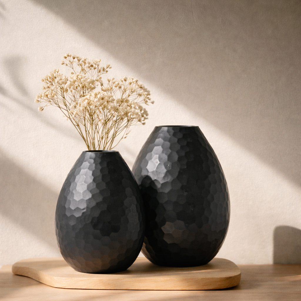 Charcoal Battuto Textured Glass Decorative – Modern Black Hammered Vases (Set of 2)