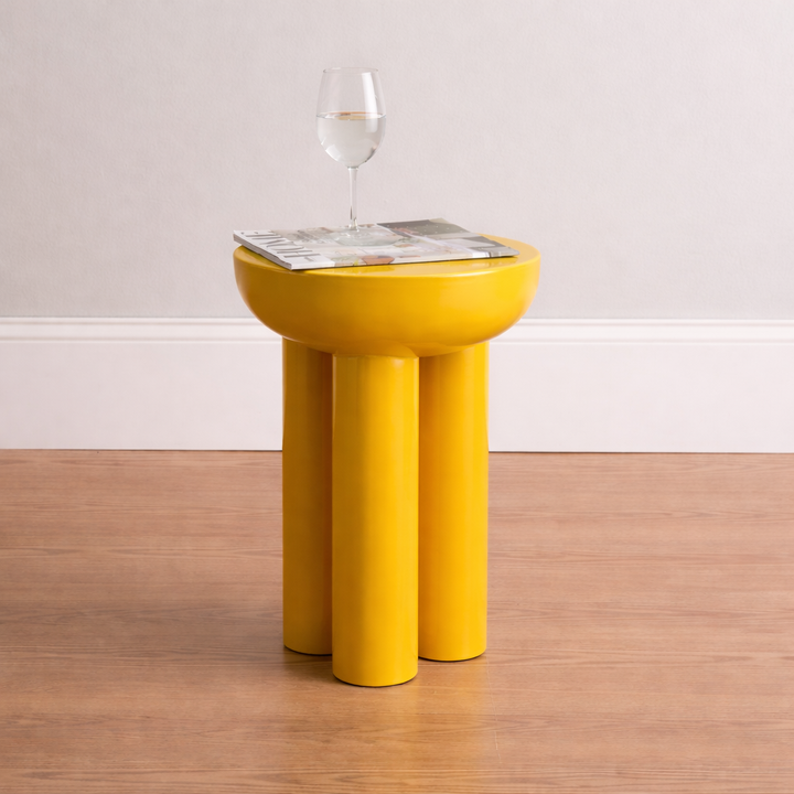 Auric Halo Sunburst Yellow Iron Pedestal Table – Modern Round Side Table