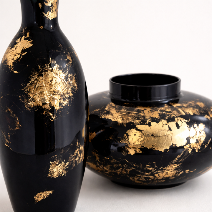24K Gold Platina Iron Vase Set – Black & Gold Luxury Decorative Vases (Set of 2)