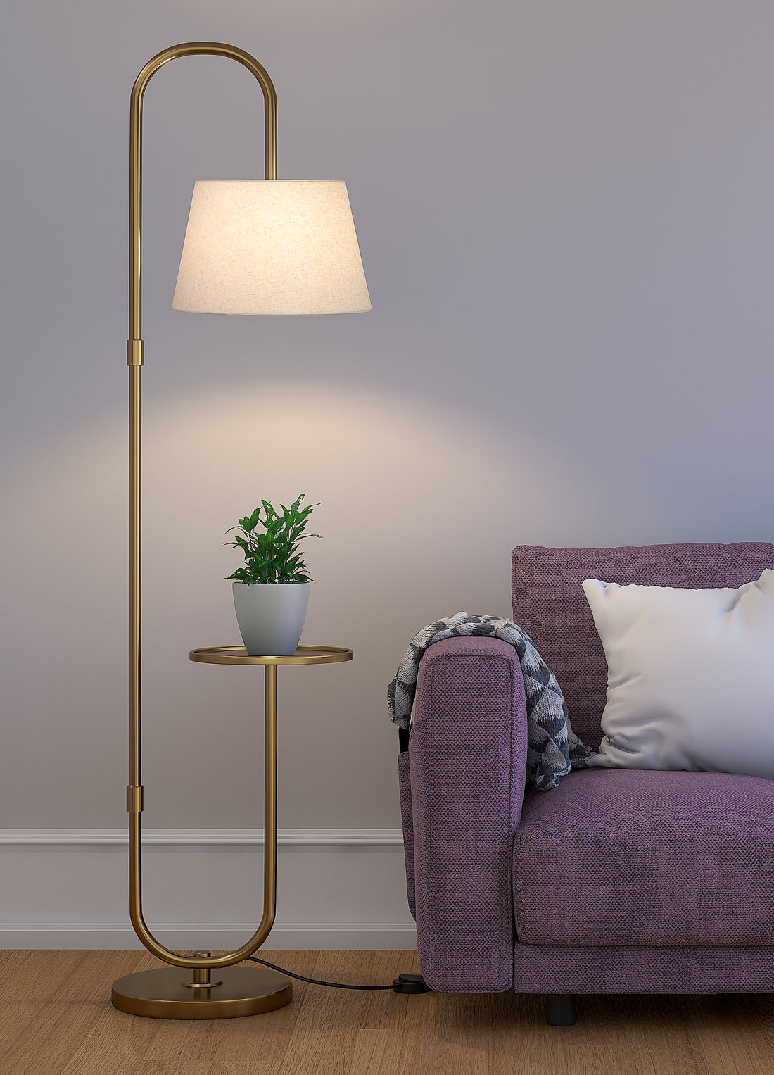 Modern Shelf Floor Lamp Standing Brass Antique Finish 5ft Height with Shelf Diameter 10 Inches and Off White Lampshade