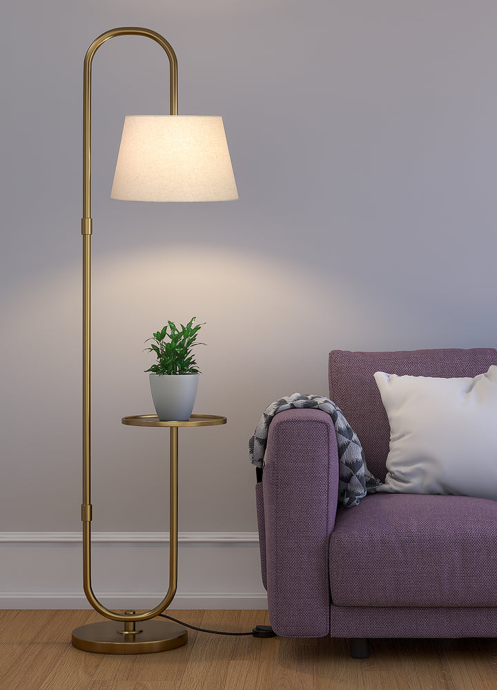 Modern Shelf Floor Lamp Standing Brass Antique Finish 5ft Height with Shelf Diameter 10 Inches and Off White Lampshade