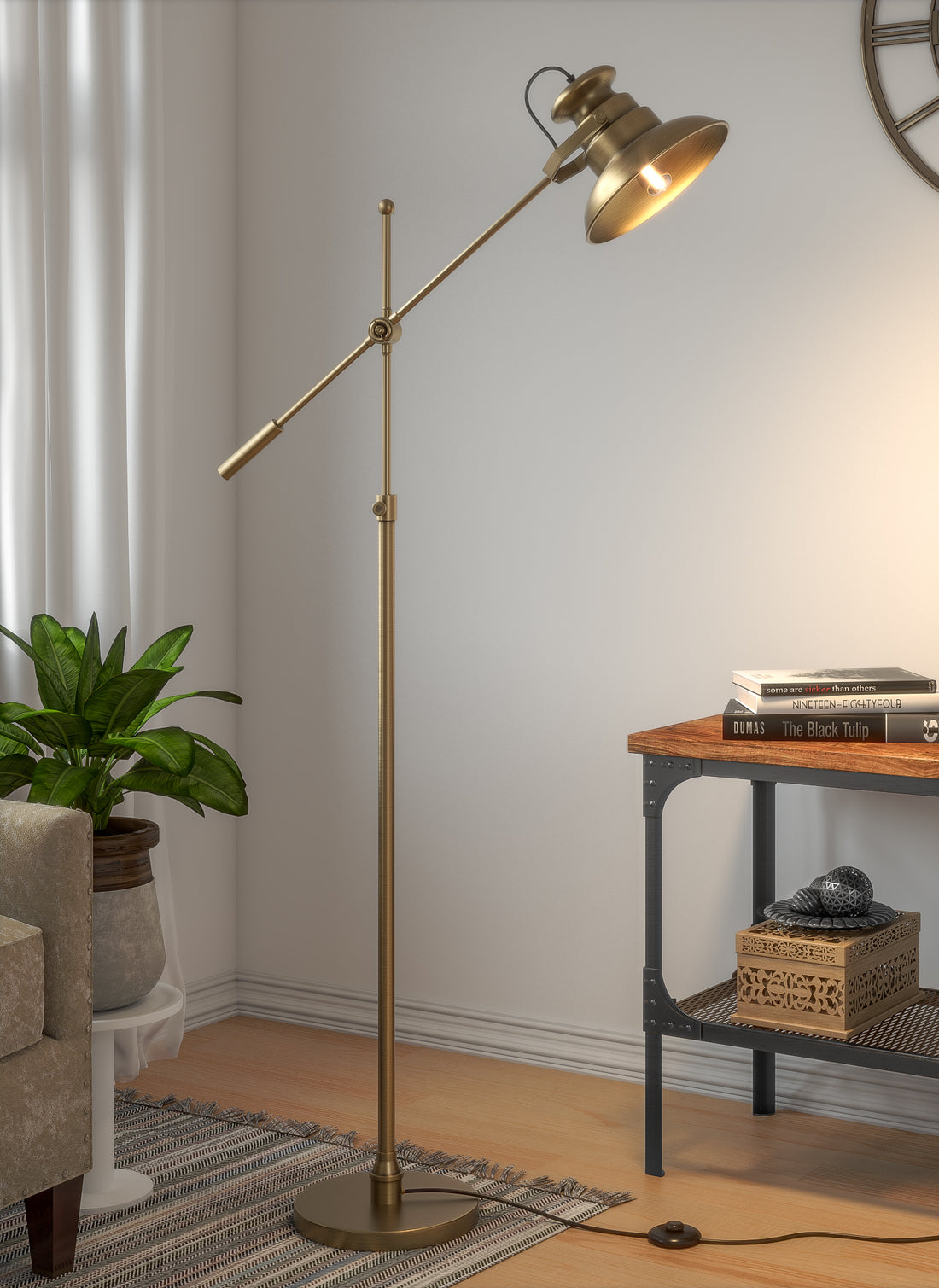 Modern Reading Task Floor Lamp Standing Focused Light Adjustable Height and Moveable Brass Antique finish