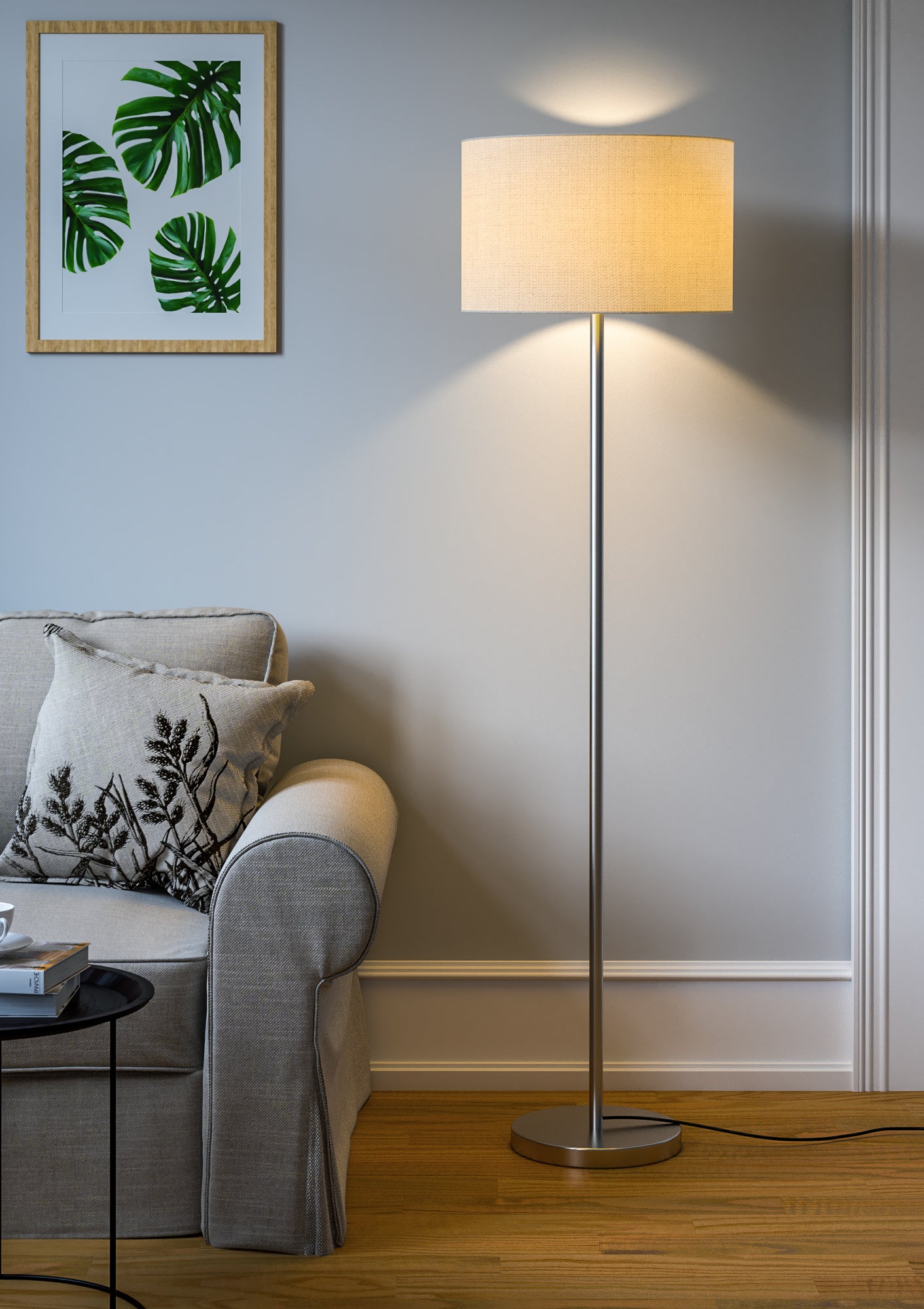 Silver Modern Floor Lamp (5 ft) – Drum Shade