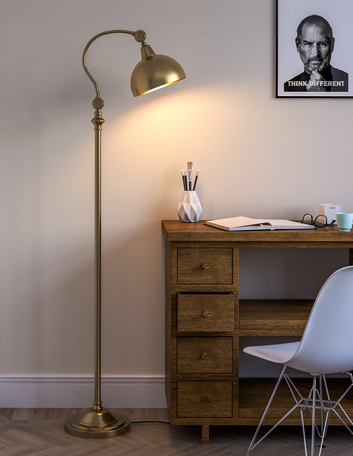 Vintage Curved Reading Task Floor Lamp Standing Brass Antique Finish with Adjustable Neck and Shade to Focus Light