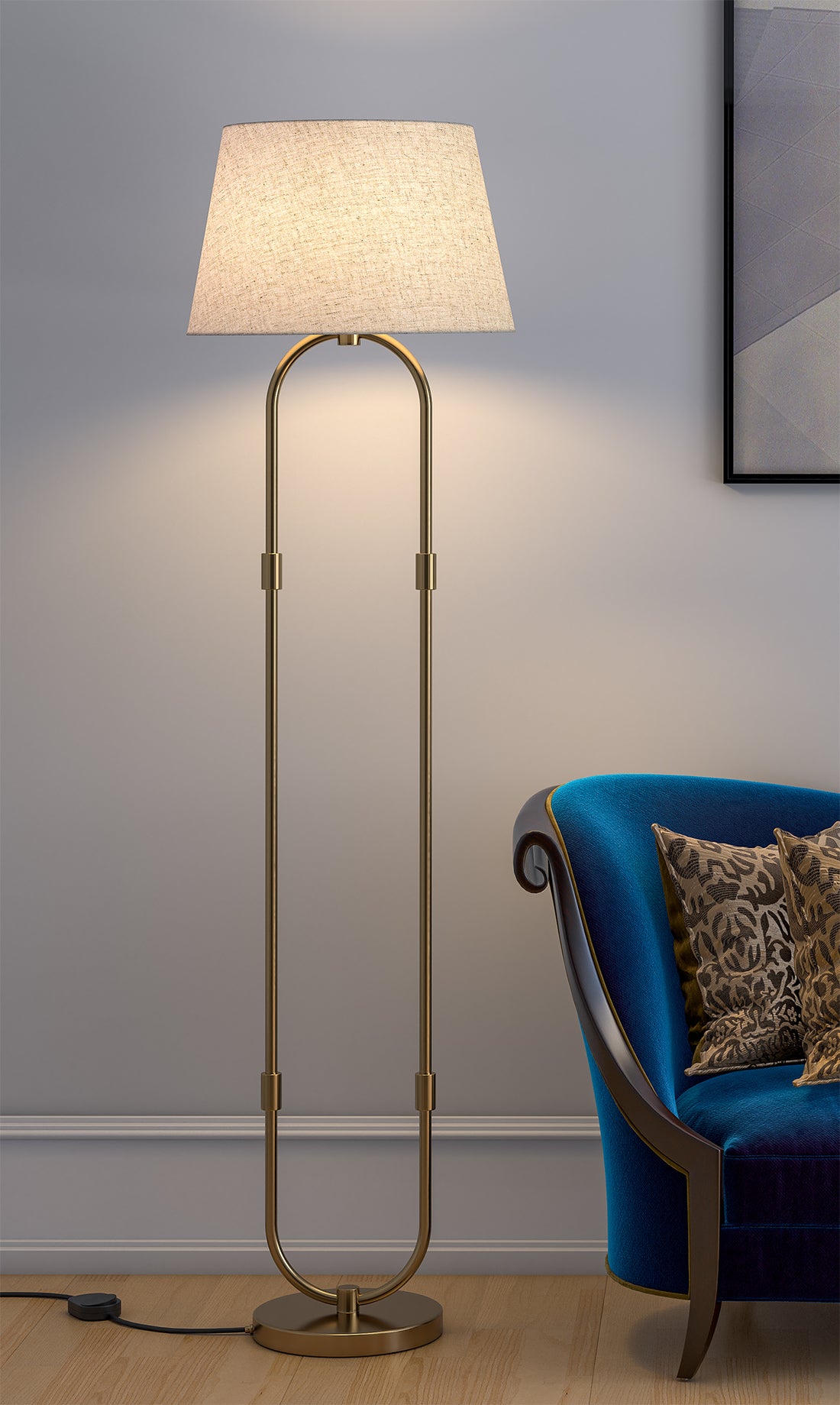 Modern Loop Floor Lamp Standing Brass Antique Finish 5ft Height with Off White Lampshade 16 inches