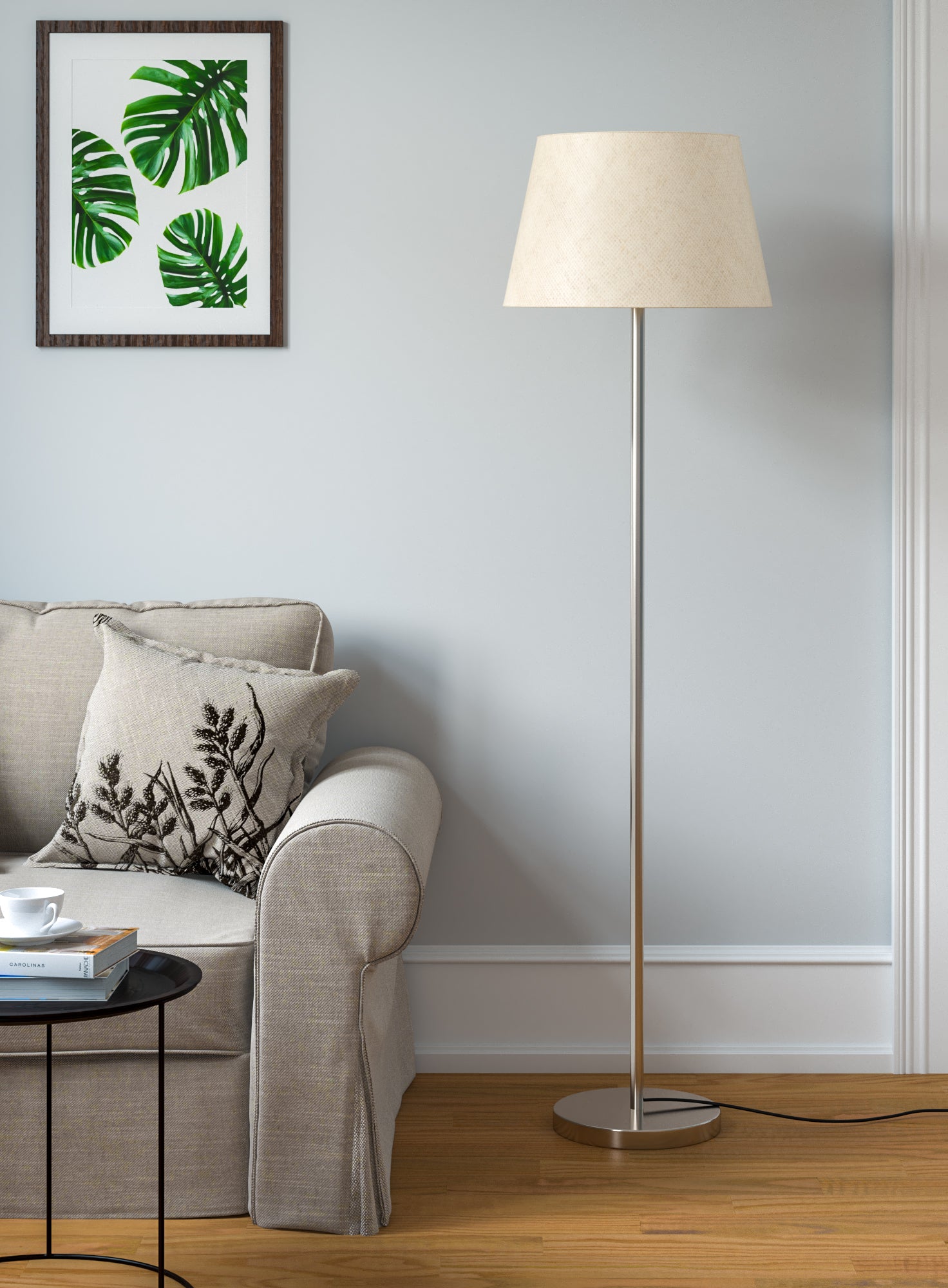 Floor Lamp Standing Modern Silver 5ft Height with Off White Lampshade 16 inches