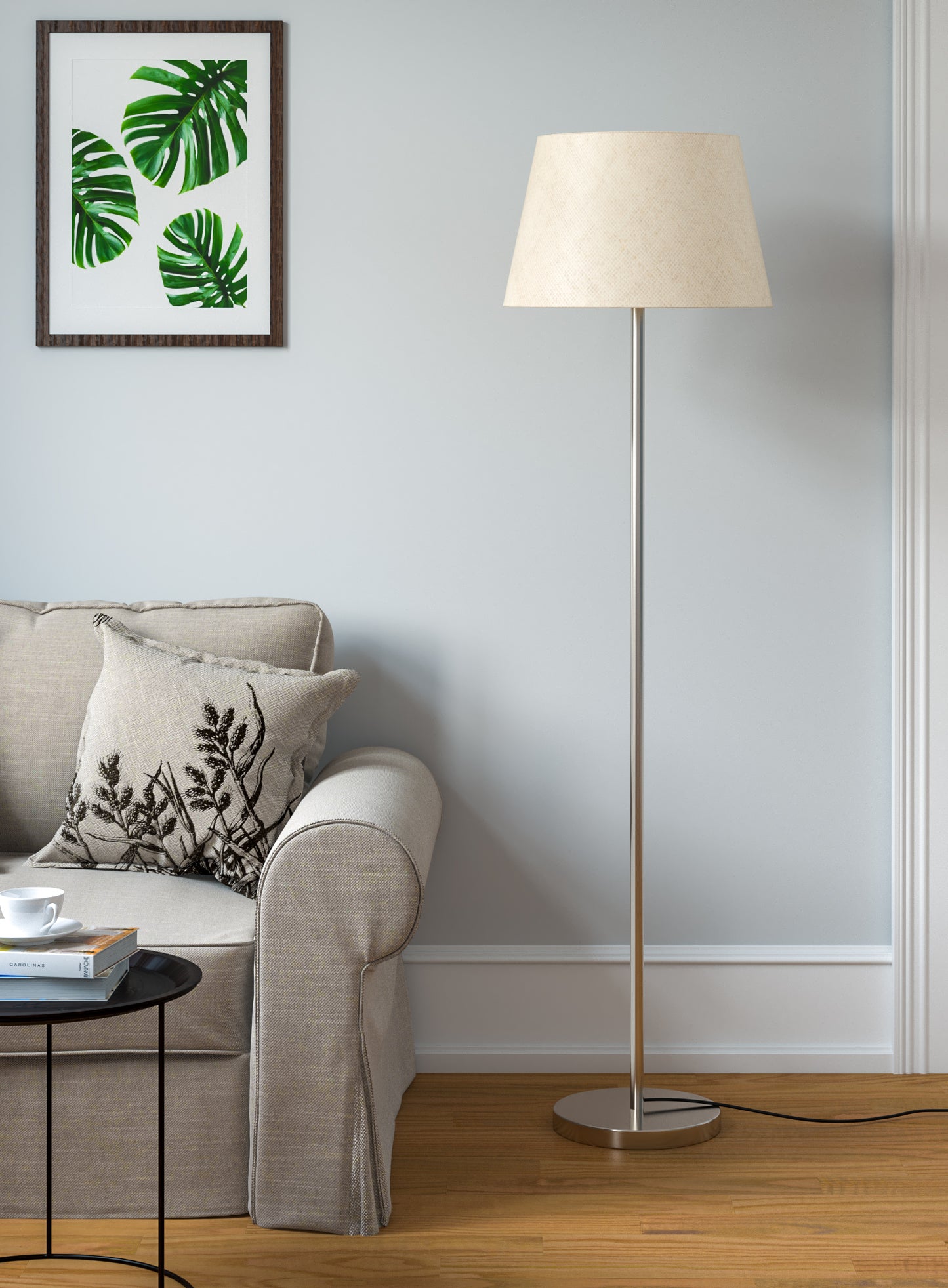 Silver Modern Floor Lamp (5 ft) – Off White Shade