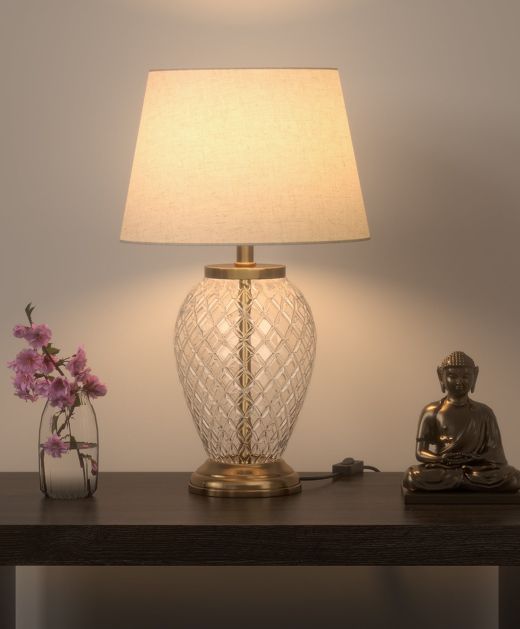 Diamond Cut Glass Table Lamp Brass Antique Finish 19 Inches Height With Off White 12 Inches Diameter Lampshade
