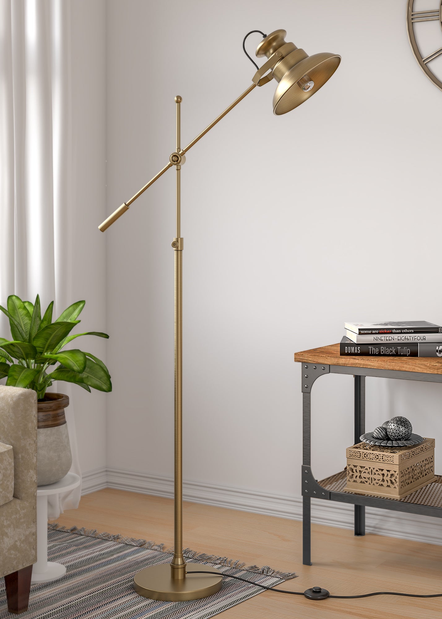 Modern Reading Task Floor Lamp Standing Focused Light Adjustable Height and Moveable Brass Antique finish