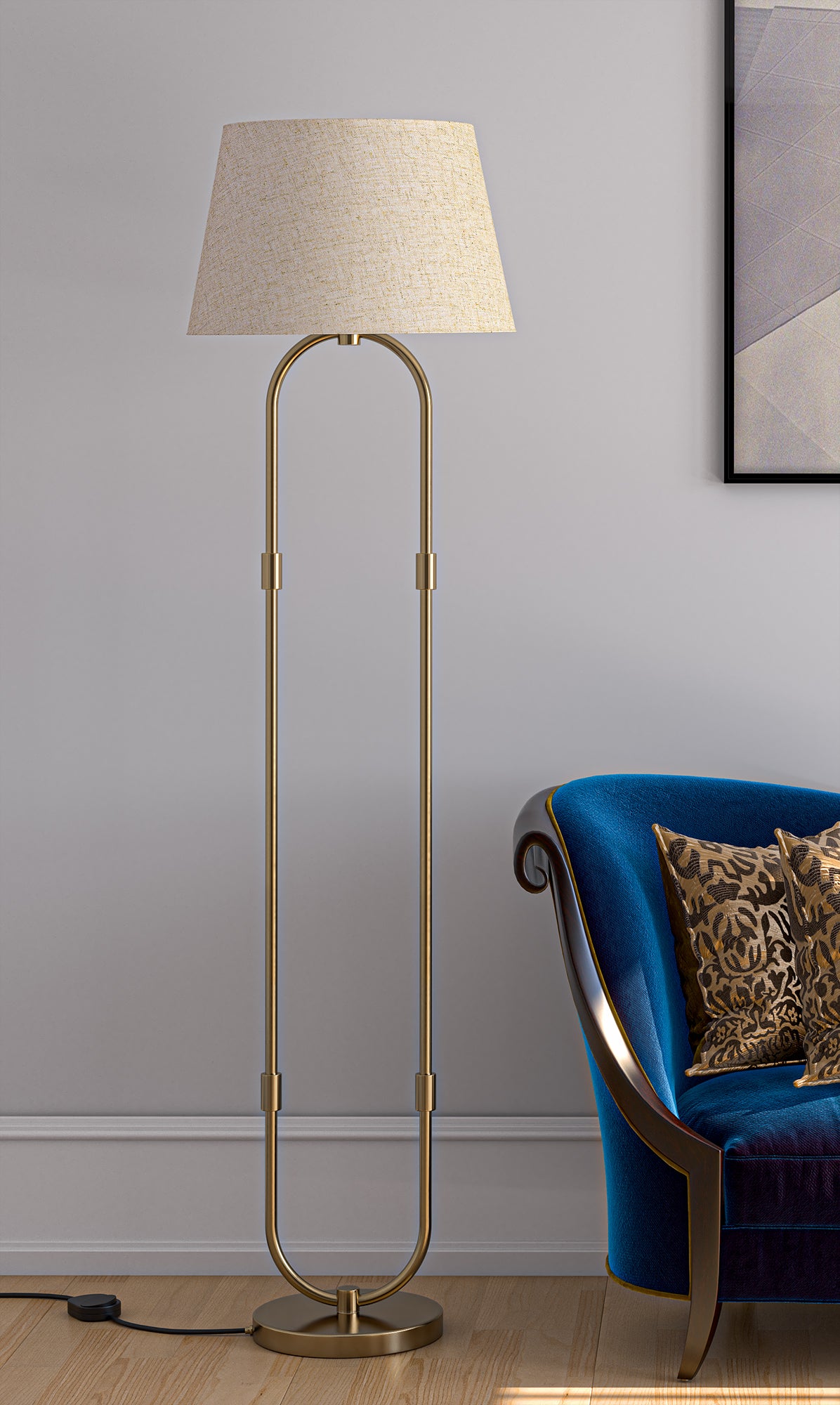 Modern Loop Floor Lamp Standing Brass Antique Finish 5ft Height with Off White Lampshade 16 inches
