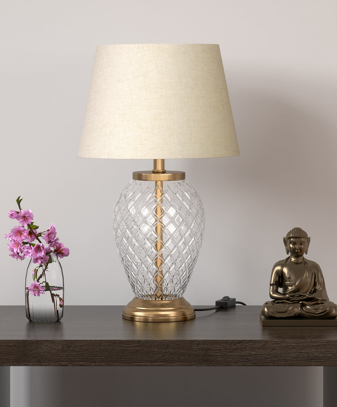 Diamond Cut Glass Table Lamp Brass Antique Finish 19 Inches Height With Off White 12 Inches Diameter Lampshade