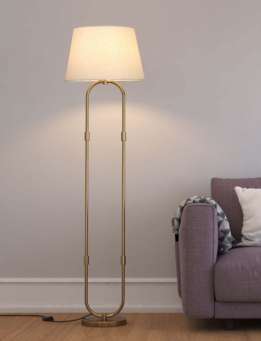 Modern Loop Floor Lamp Standing Brass Antique Finish 5ft Height with Off White Lampshade 16 inches