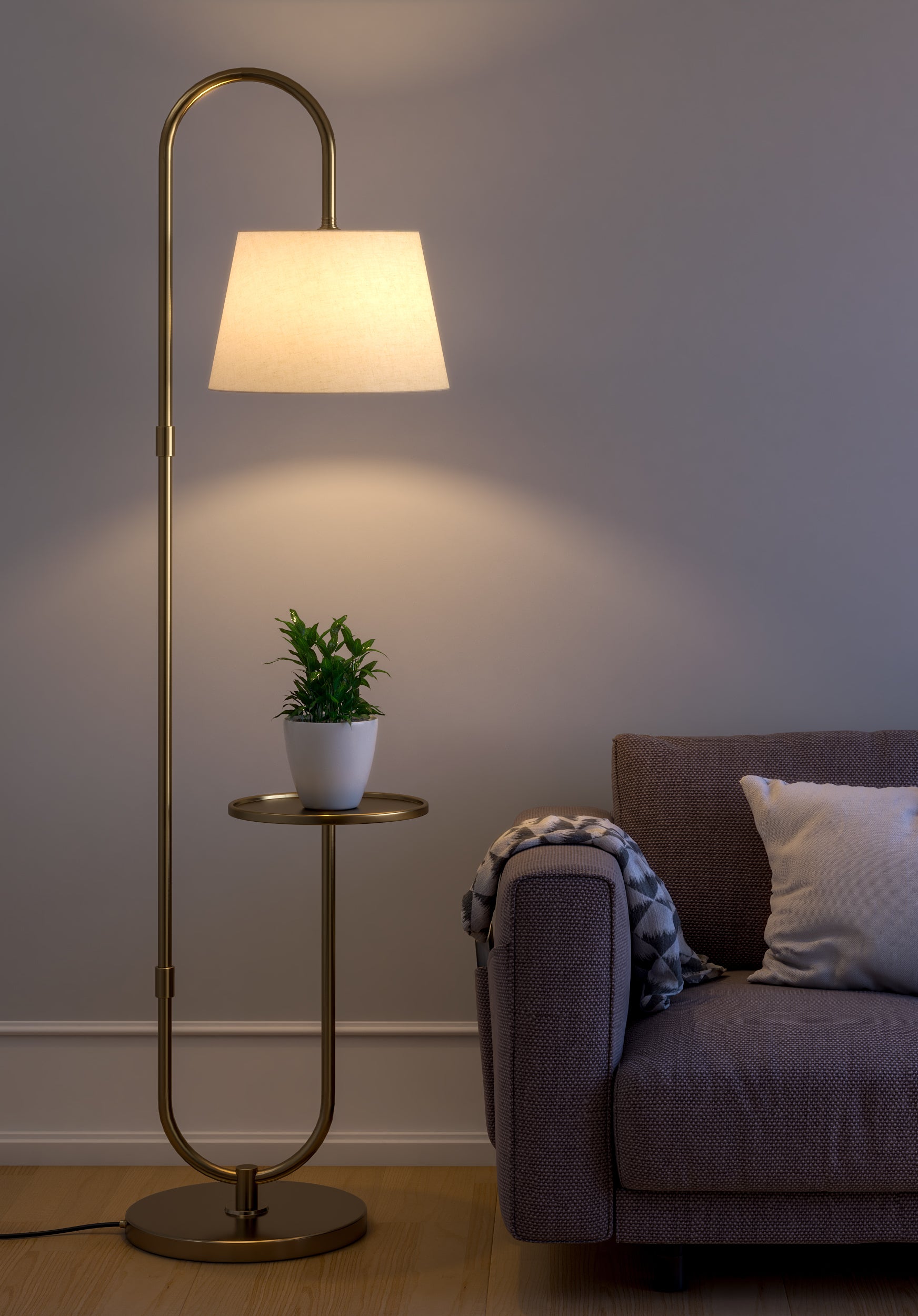 Modern Shelf Floor Lamp Standing Brass Antique Finish 5ft Height with Shelf Diameter 10 Inches and Off White Lampshade