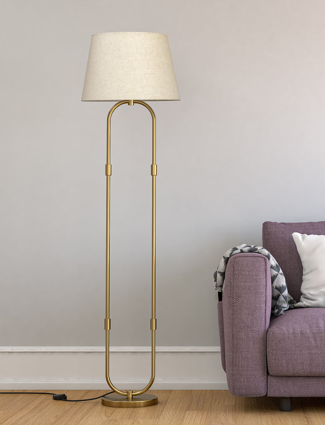Modern Loop Floor Lamp Standing Brass Antique Finish 5ft Height with Off White Lampshade 16 inches