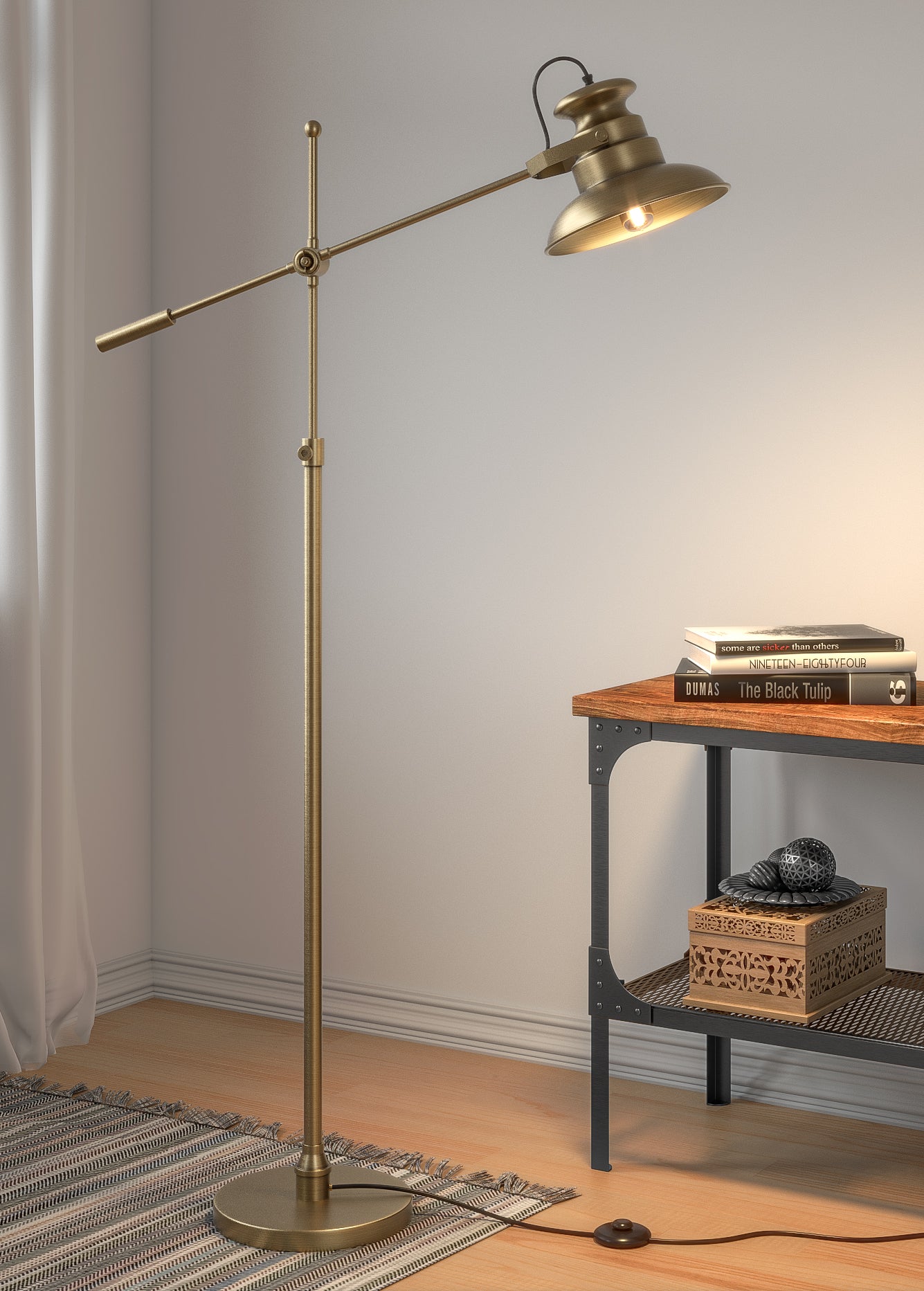 Modern Reading Task Floor Lamp Standing Focused Light Adjustable Height and Moveable Brass Antique finish