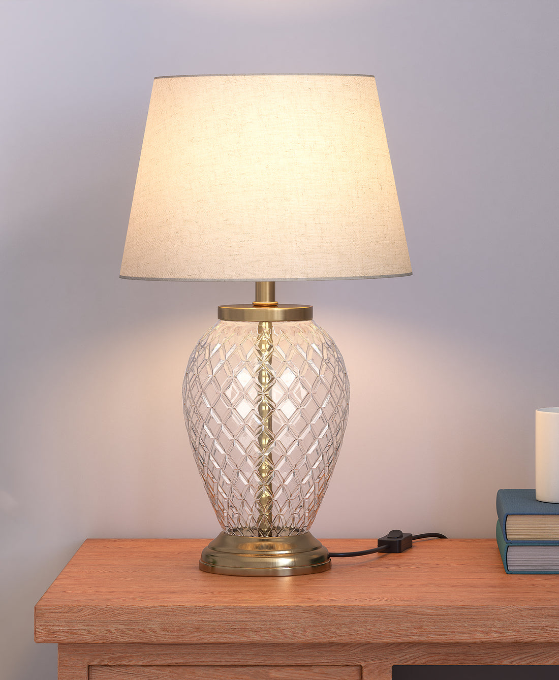 Diamond Cut Glass Table Lamp Brass Antique Finish 19 Inches Height With Off White 12 Inches Diameter Lampshade