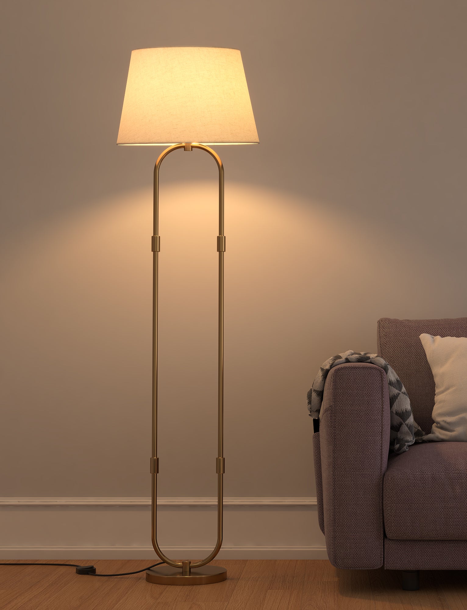 Modern Loop Floor Lamp Standing Brass Antique Finish 5ft Height with Off White Lampshade 16 inches