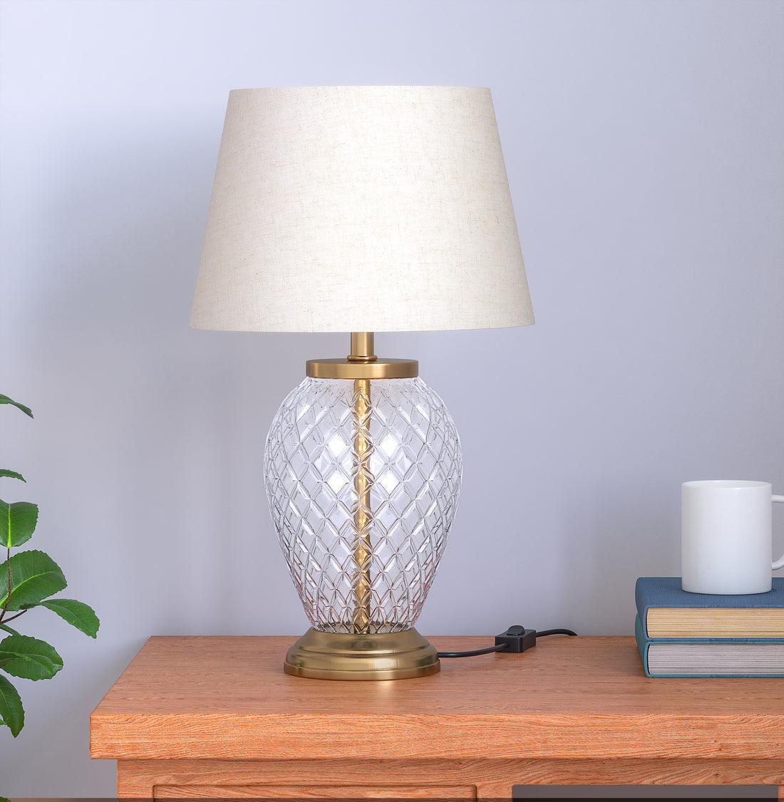 Diamond Cut Glass Table Lamp Brass Antique Finish 19 Inches Height With Off White 12 Inches Diameter Lampshade