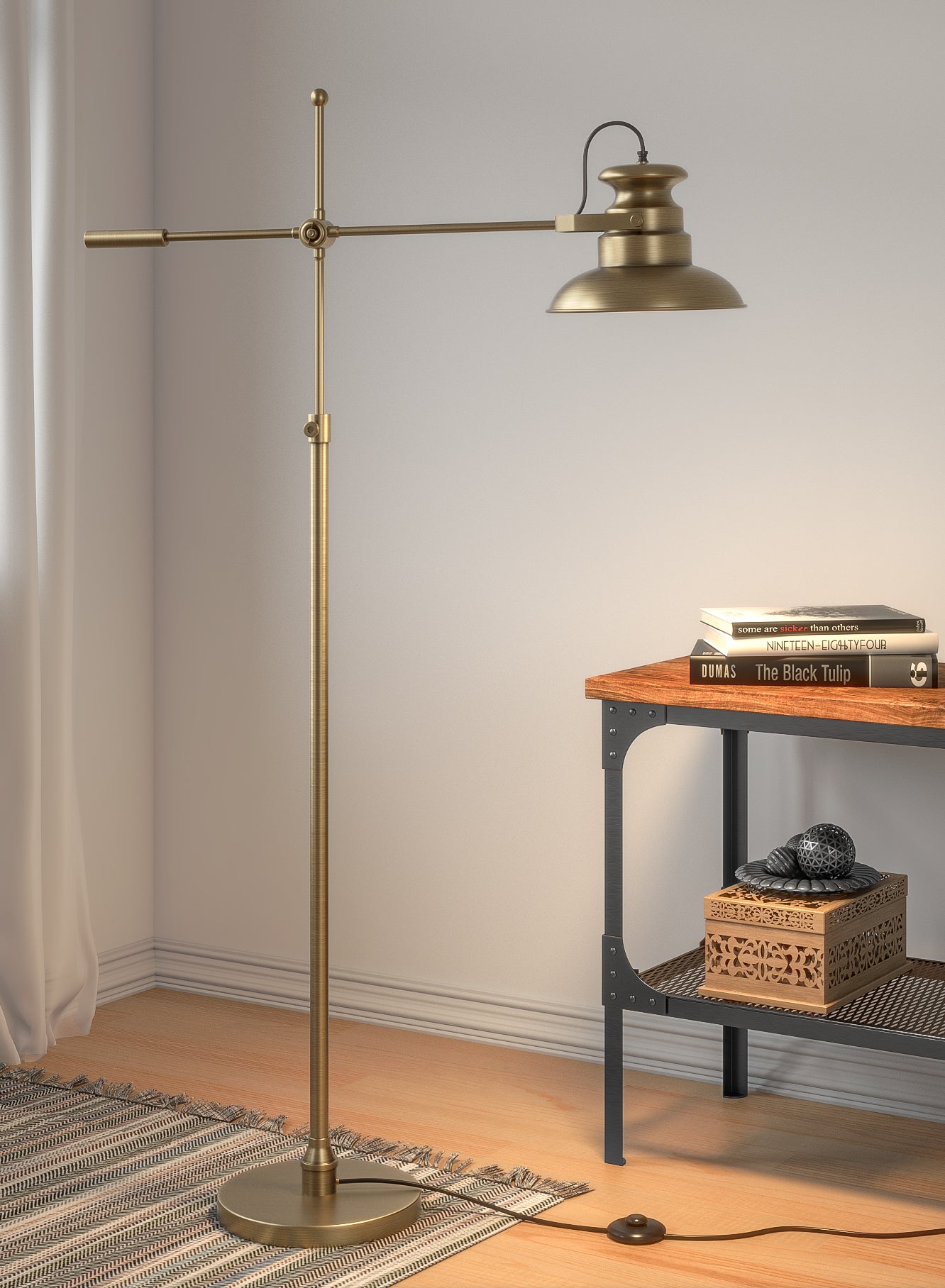 Modern Reading Task Floor Lamp Standing Focused Light Adjustable Height and Moveable Brass Antique finish