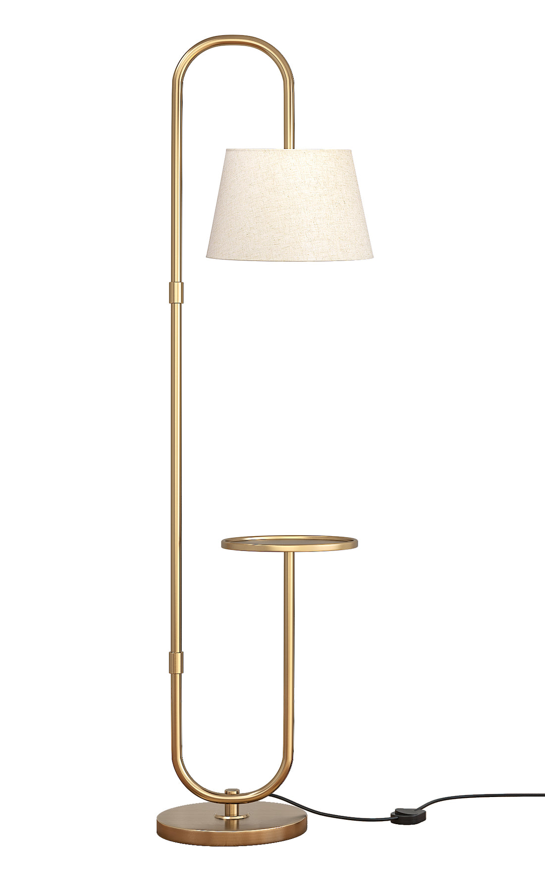 Modern Shelf Floor Lamp Standing Brass Antique Finish 5ft Height with Shelf Diameter 10 Inches and Off White Lampshade