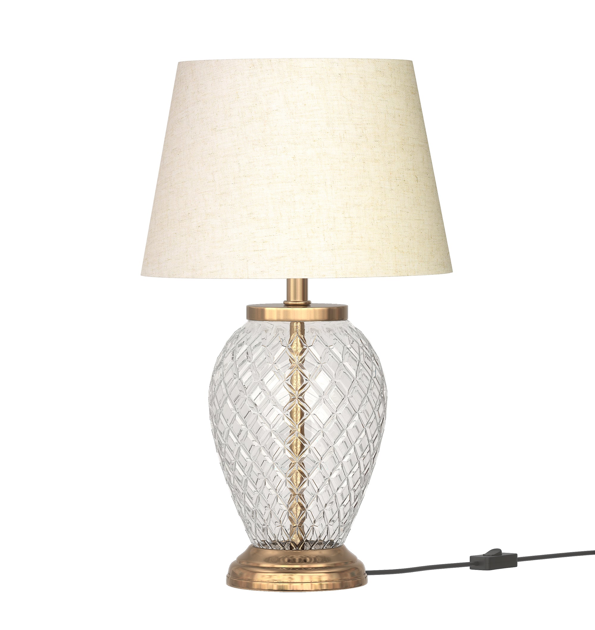 Diamond Cut Glass Table Lamp Brass Antique Finish 19 Inches Height With Off White 12 Inches Diameter Lampshade