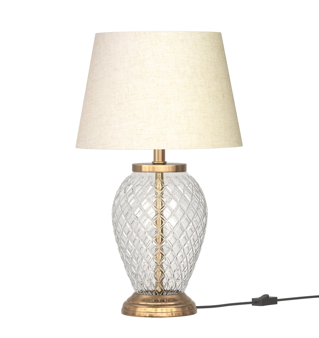 Diamond Cut Glass Table Lamp Brass Antique Finish 19 Inches Height With Off White 12 Inches Diameter Lampshade