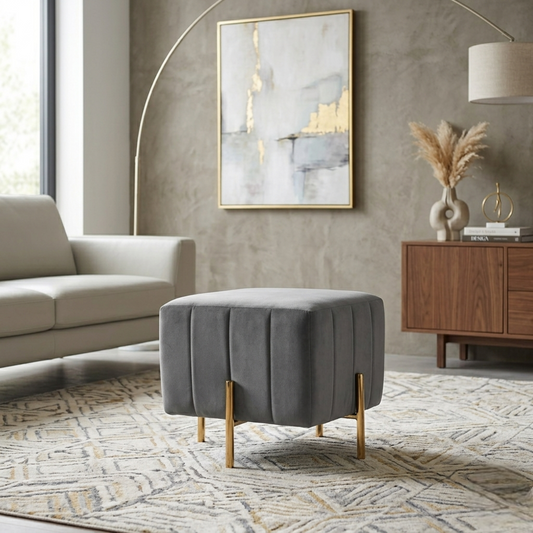 Adirondack Grey Channel Tufted Ottoman - Gold Legs