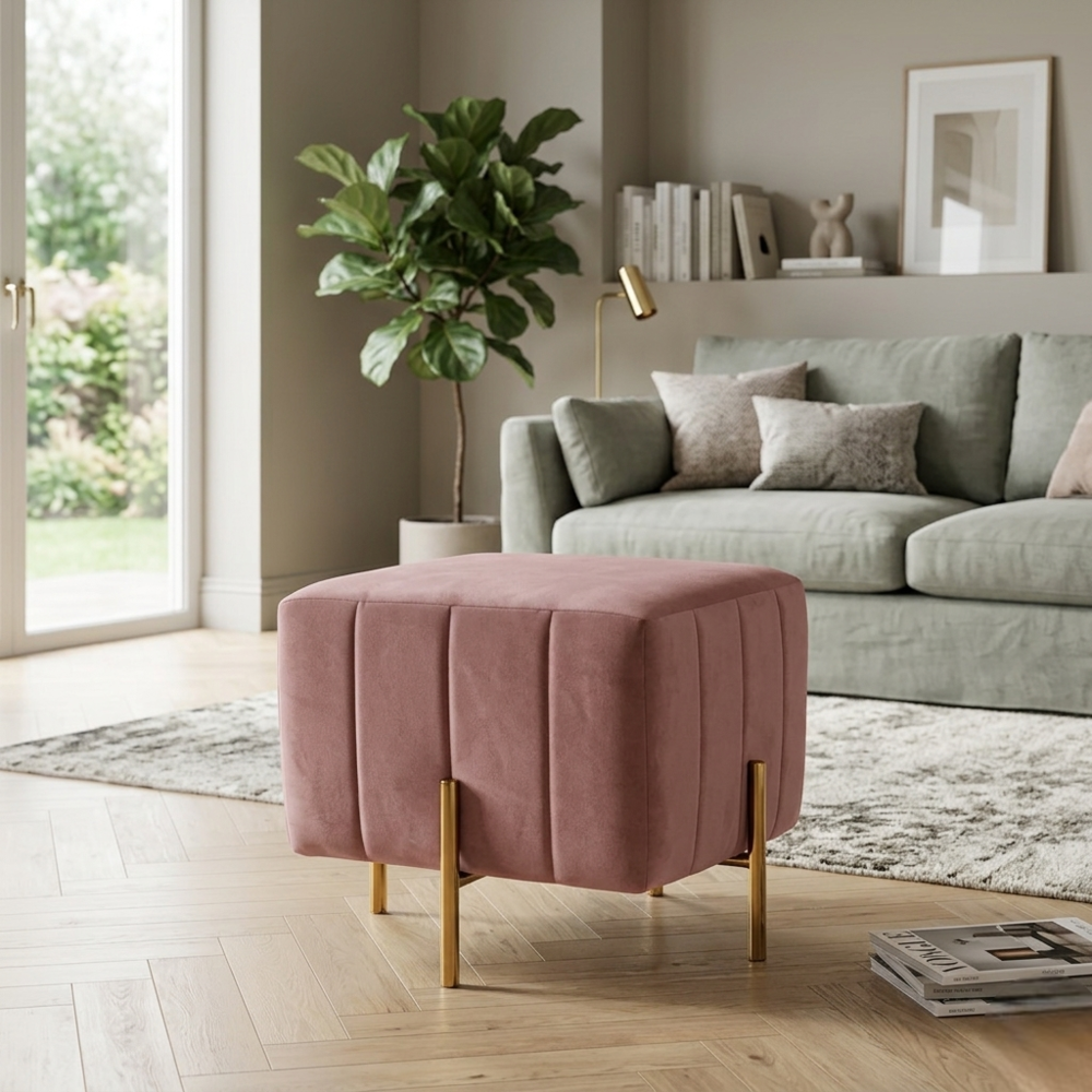Adirondack Pink Channel Tufted Ottoman - Gold Legs
