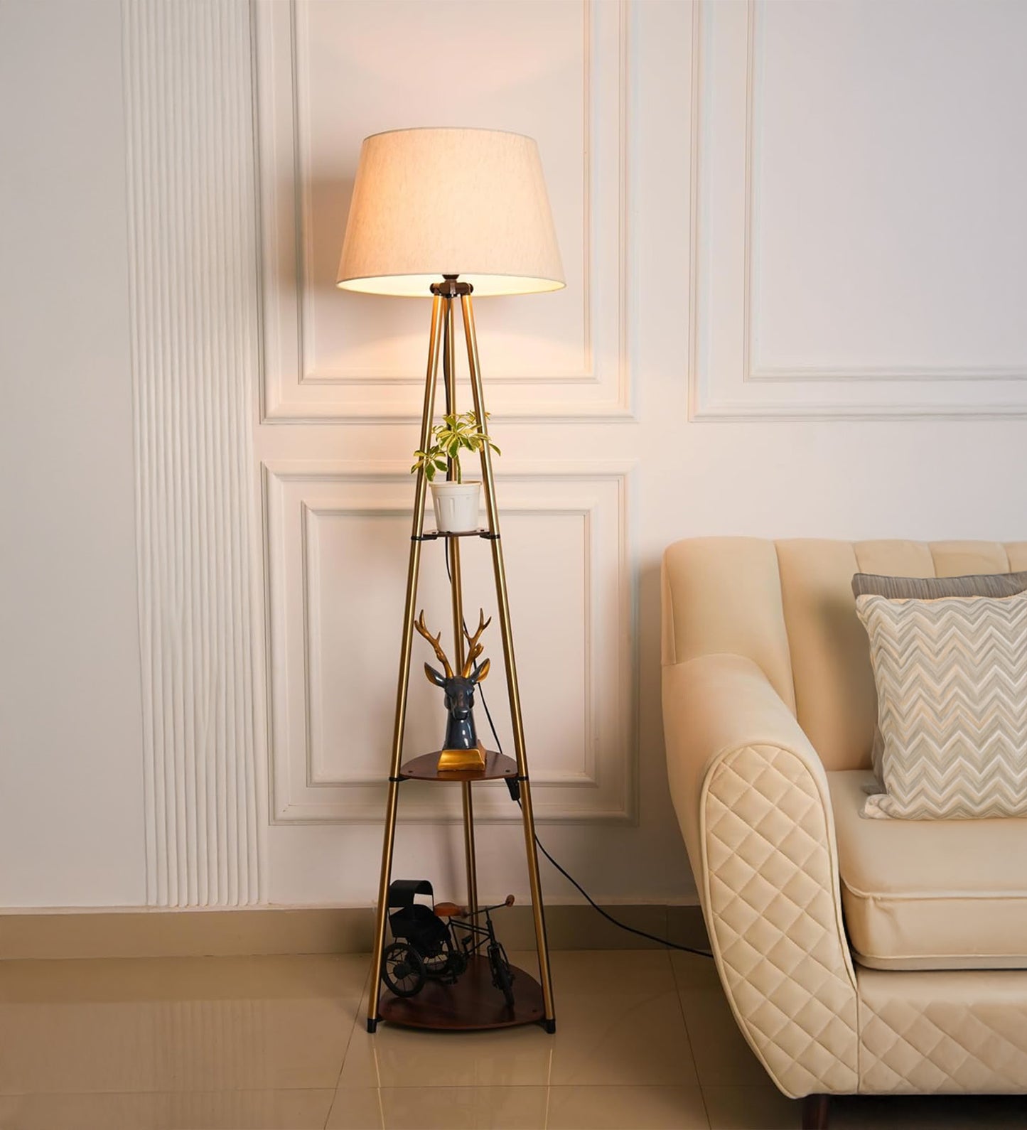 Antique Brass 3-Shelf Floor Lamp (5 ft) – 16″ Shade