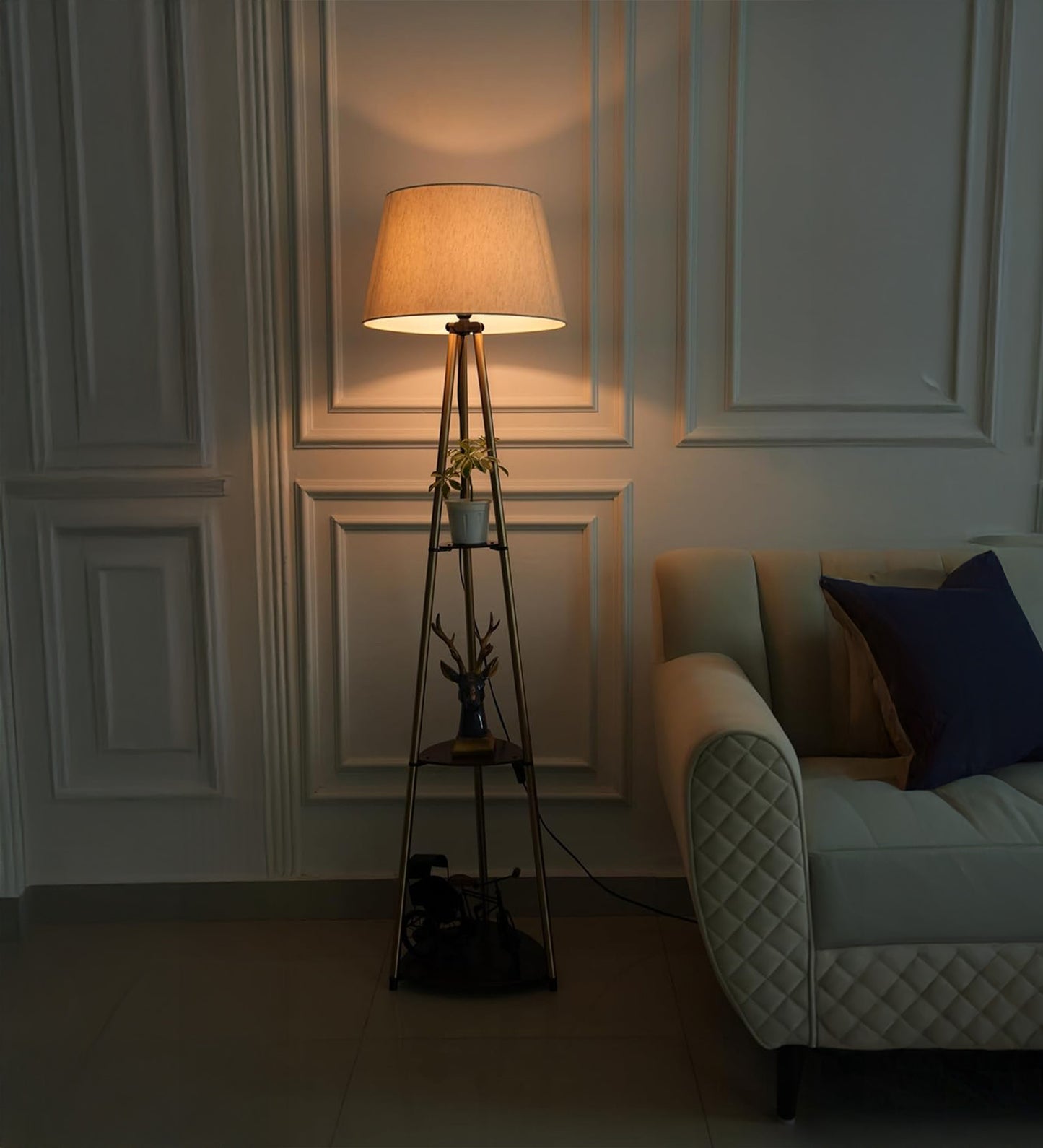 Antique Brass 3-Shelf Floor Lamp (5 ft) – 16″ Shade