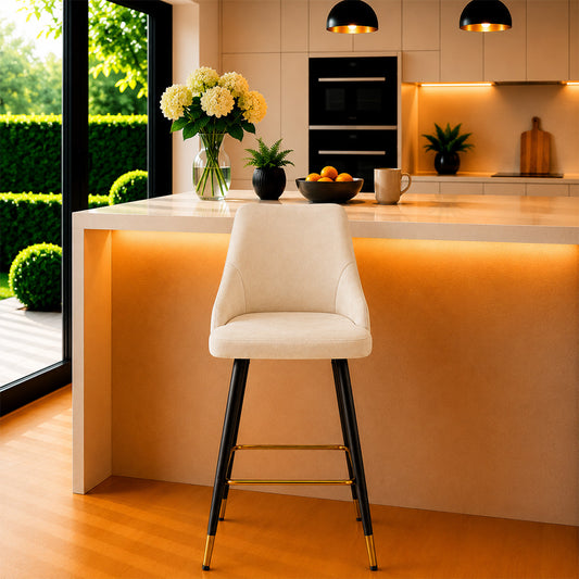 Beige Upholstered Bar Stool with Gold Accents