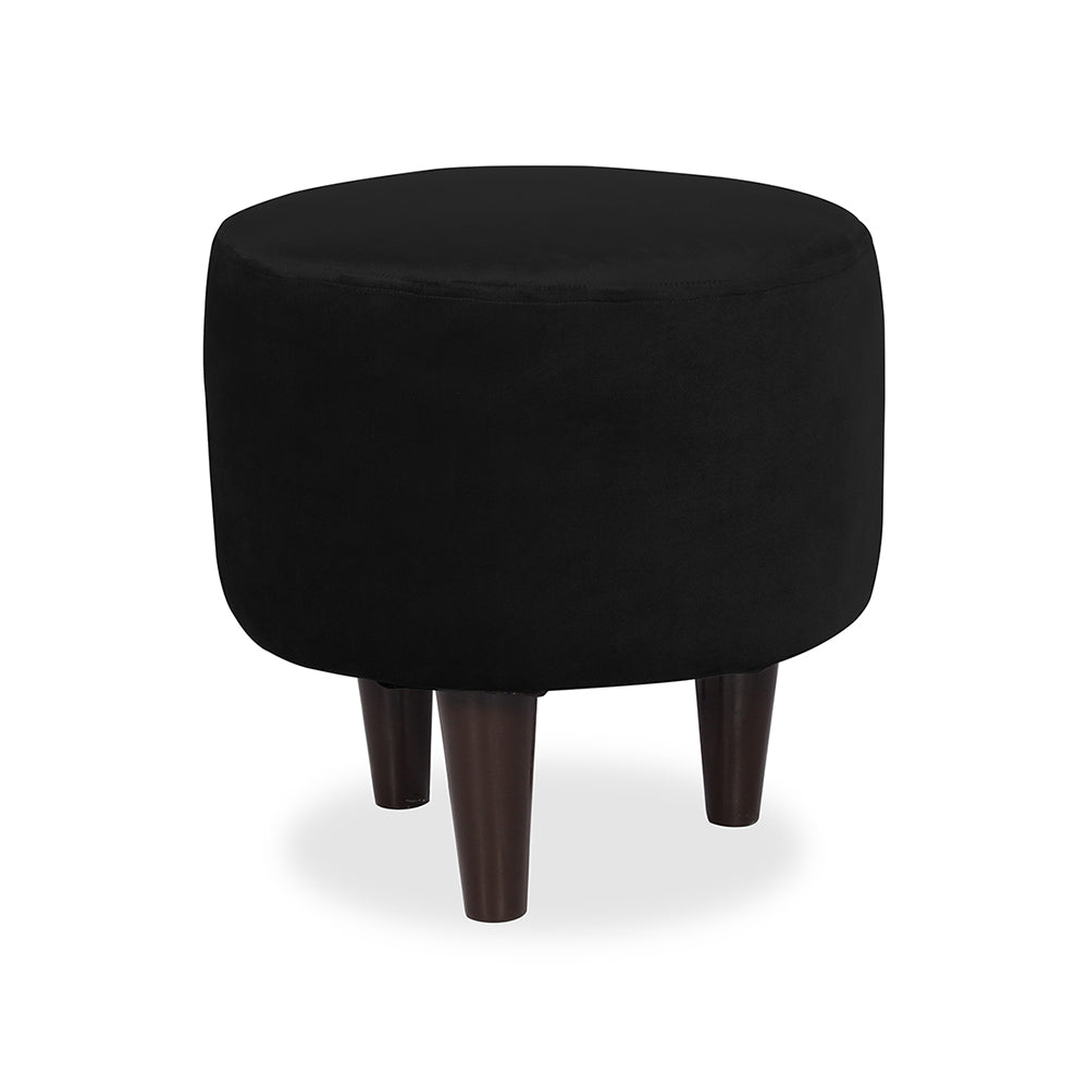 Black Velvet Round Ottoman - Wood Legs