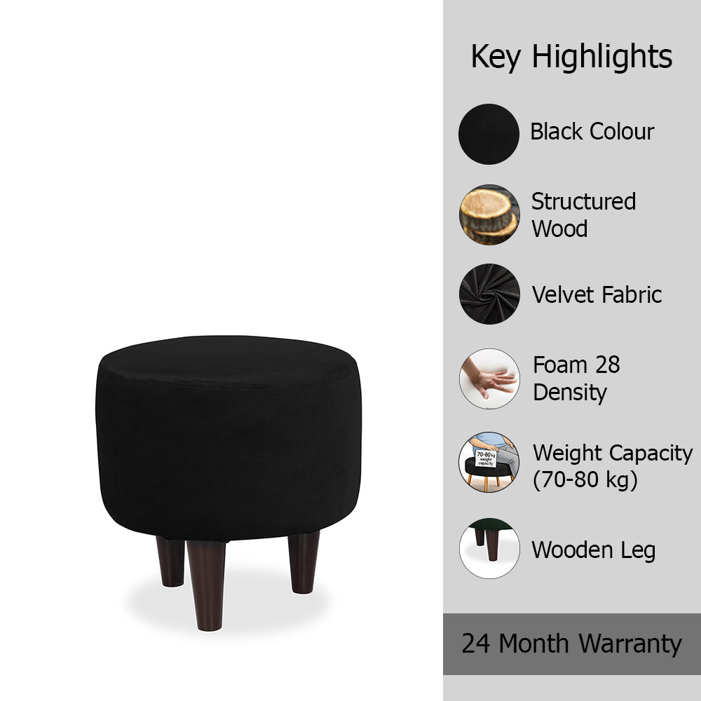 Black Velvet Round Ottoman - Wood Legs