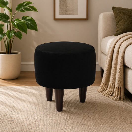 Black Velvet Round Ottoman - Wood Legs