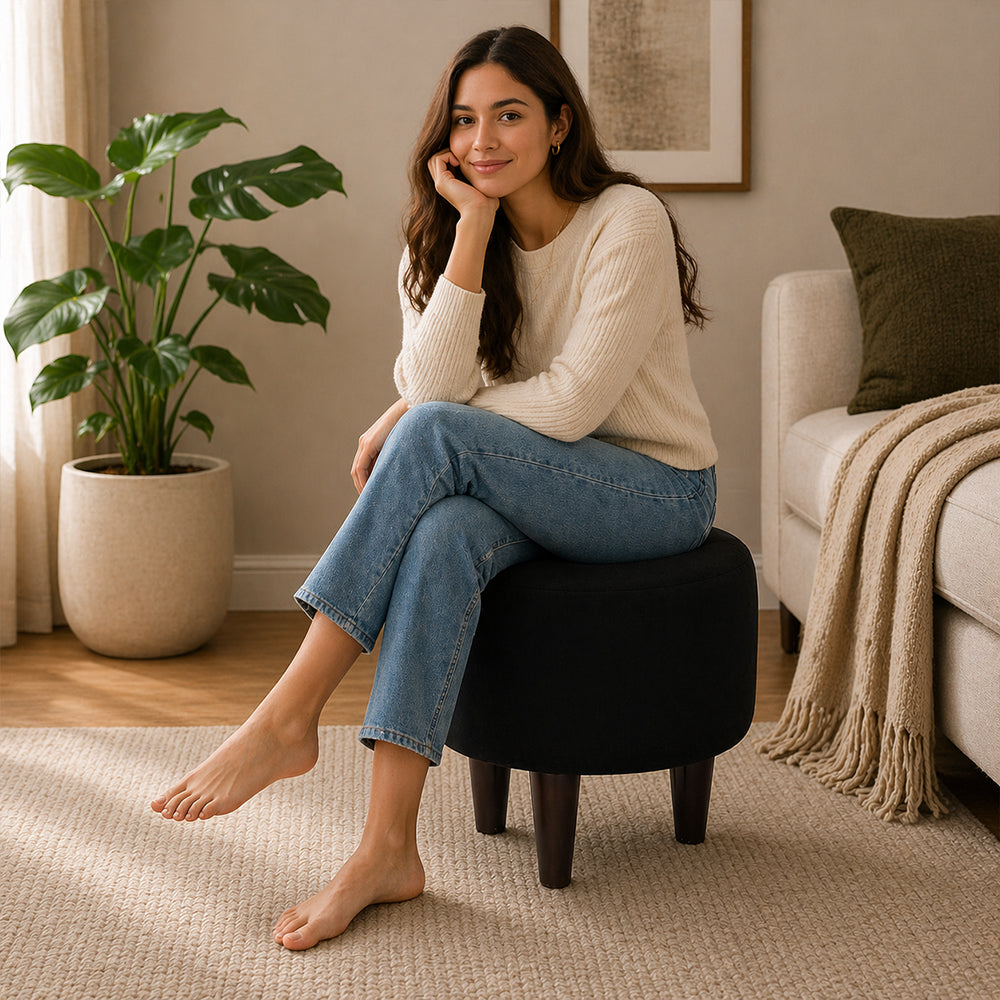 Black Velvet Round Ottoman - Wood Legs