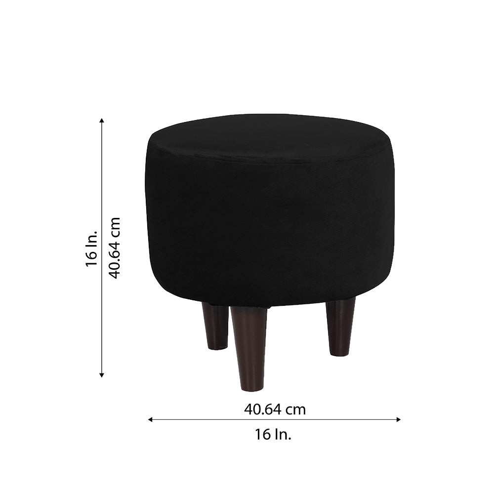 Black Velvet Round Ottoman - Wood Legs