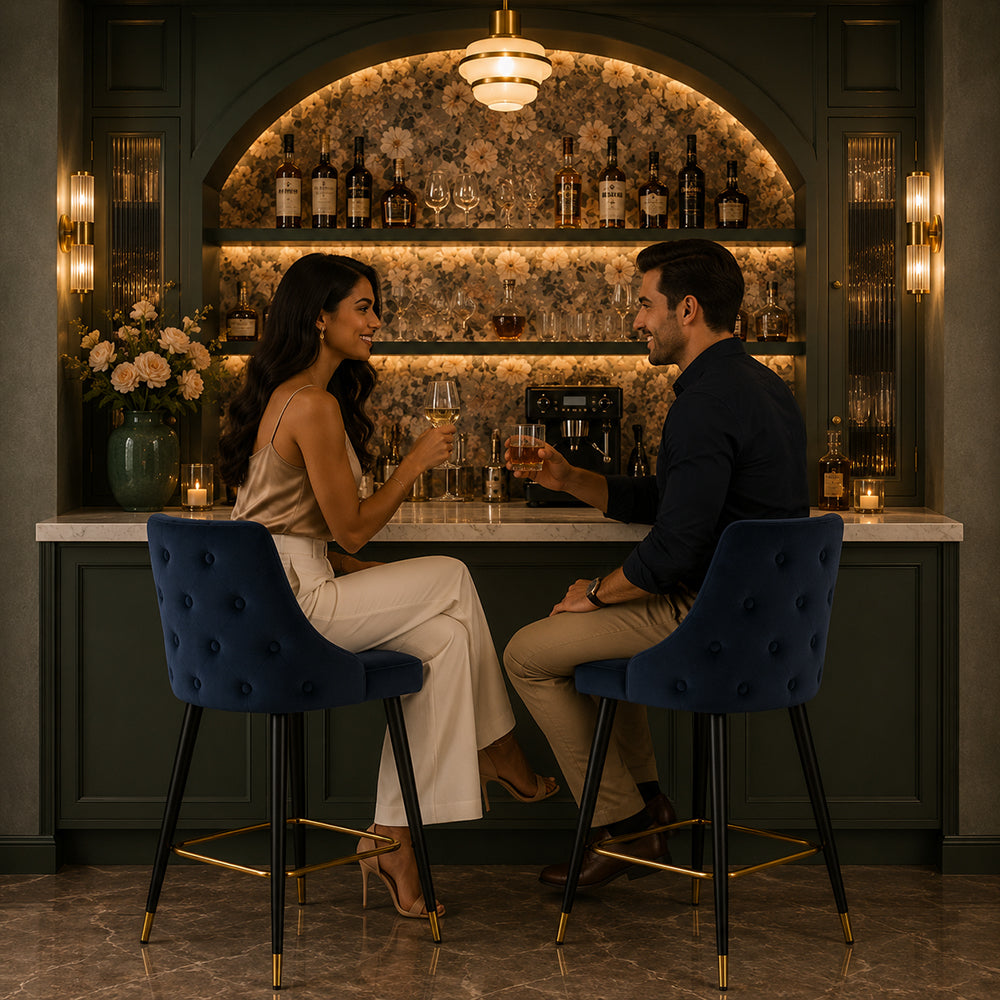 Blue Upholstered Bar Stool with Gold Accents