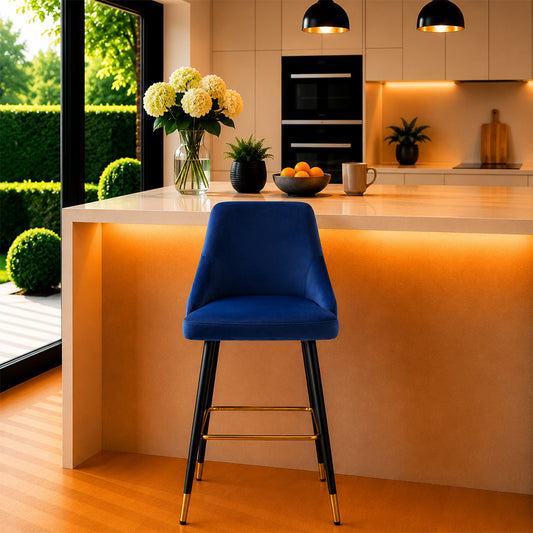 Blue Upholstered Bar Stool with Gold Accents
